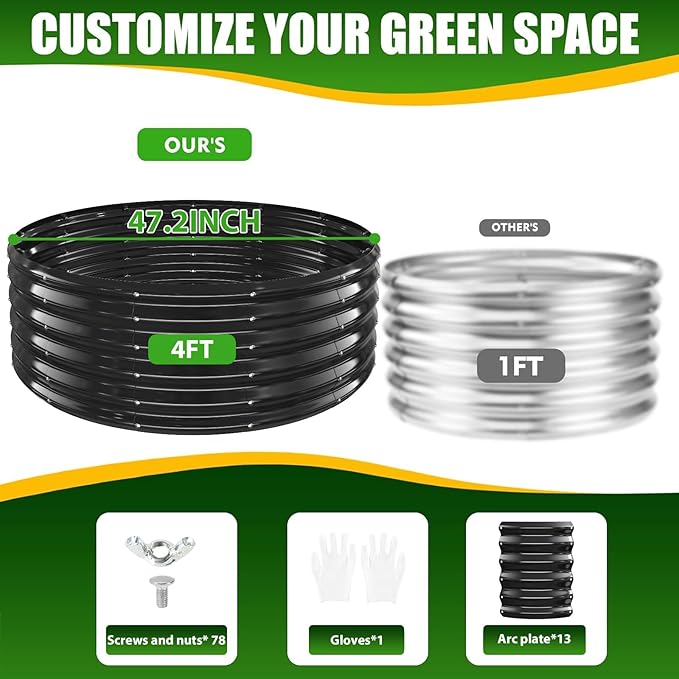 17" Tall Elevated Round Metal Rised Garden Bed- 4'x4' in Size and 0.8MM Thick Durable Planter Box for Vegetables Flowers Succulent at Patio/Garden Outdoor (Black, 4FT Diameter)