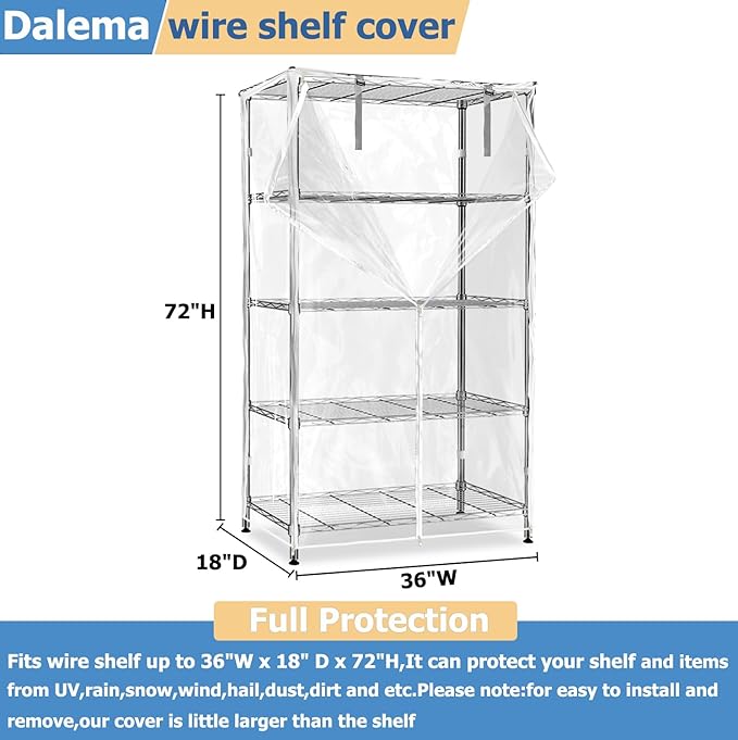 Waterproof Shelf Cover,Durable Dustproof Storage Wire Rack Covers,Outdoor Shelving Covers for Wire Shelves with Zipper 36''x18''x72'',Clear,Cover Only