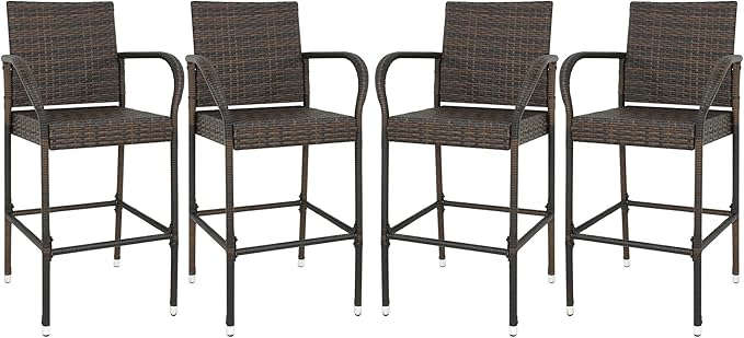 SUPER DEAL Upgraded Wicker Bar Stool Chairs Outdoor Backyard Rattan Chair w/Iron Frame, Armrest and Footrest (4)