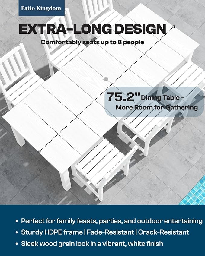 9-Piece Outdoor Dining Set for 8, 75.2'' HDPE Table with Umbrella Hole & Chairs, Weather-Resistant Patio Furniture for Lawn, Yard, Balcony, Deck (White)