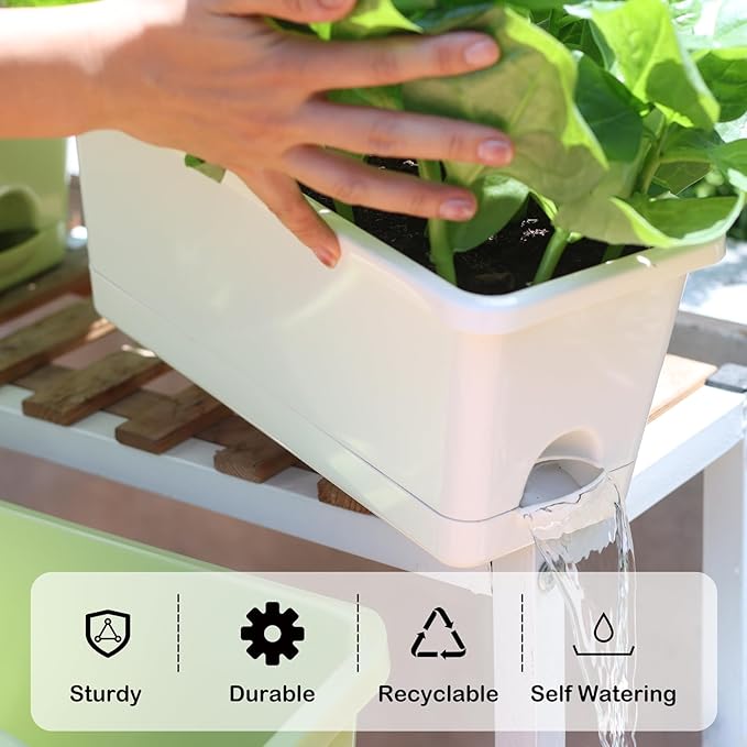 Window Box Planter 6 Packs, 13.8 Inches Rectangle Flower Pots with Drainage Holes & Trays, Pots for Vegetables, Herbs, Flowers, Garden Windowsill Balcony (White)