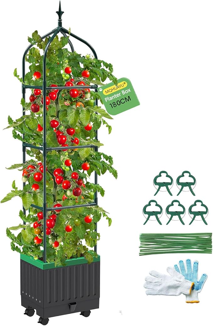 Raised Garden Bed Planter Boxes with Trellis,1pcs 70.9"Self-Watering Tomato Planter Boxes with Trellis for Climbing Vegetables Plants Flowers Tomato with Wheels,Use for Indoor Outdoor (Black)