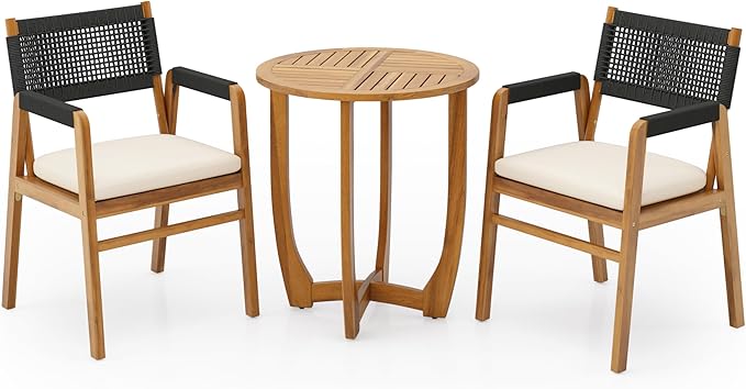 Christopher Knight Home Zed 3 Pieces Outdoor Dining Set, Acacia Wood Dining Chairs and Table, Slats Panel Design Round Table, Wooden Frame, 2 Seater Bistro Set for Balcony Backyard Garden, Teak+Black