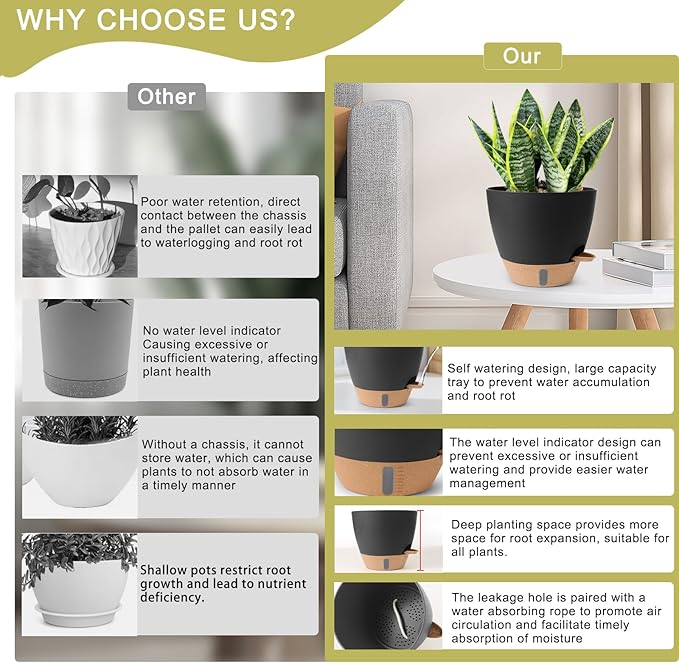 Plant Pots,12/10/9/8/ Inch Large Plastic Self Watering Flower Pots Indoor Outdoor with Drainage Holes, Deep Reservoir,Nursery Planting Pot for Indoor Out Door Plants Black