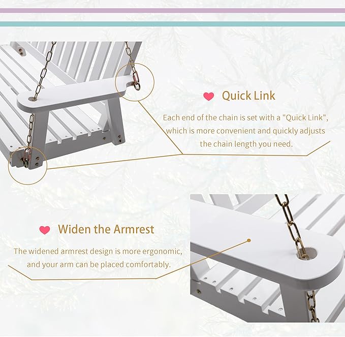 Anraja Wooden Porch Swing 2-Seater, Bench Swing with Hanging Chains, Heavy Duty 800 LBS, for Outdoor Patio Garden Yard, 4 Ft, White