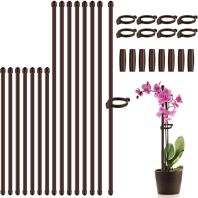 Plant Stakes 17inch &11inch SupKing 16Pcs Adjustable Flower Support Poles Orchid Sticks with Clips for Indoor Outdoor Garden Potted Tomato Rose Amaryllis Vegetables Comes with 20 Ties (Brown)