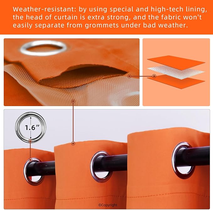 Waterproof Outdoor Curtain W105 x L84 - Grommet Top Sunlight Blocking Window Treatment Drapes Blackout Curtains for Home Bedroom Living Room Outdoor Patio Porch Gazebo (Orange, 2 Panels)