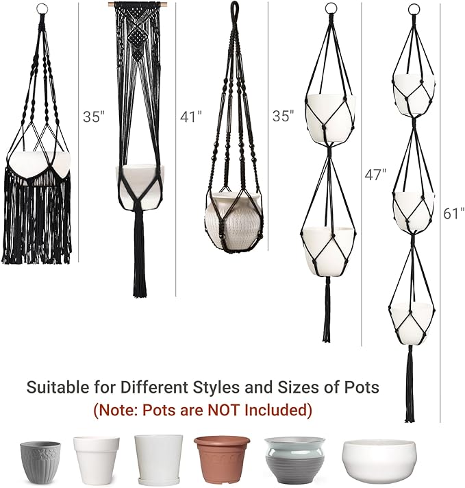Mkono Macrame Plant Hangers, 5 Pack Different Tiers Indoor Hanging Planters Basket with 5 Hooks Decorative Flower Pots Holder Stand Boho Home Decor, Black