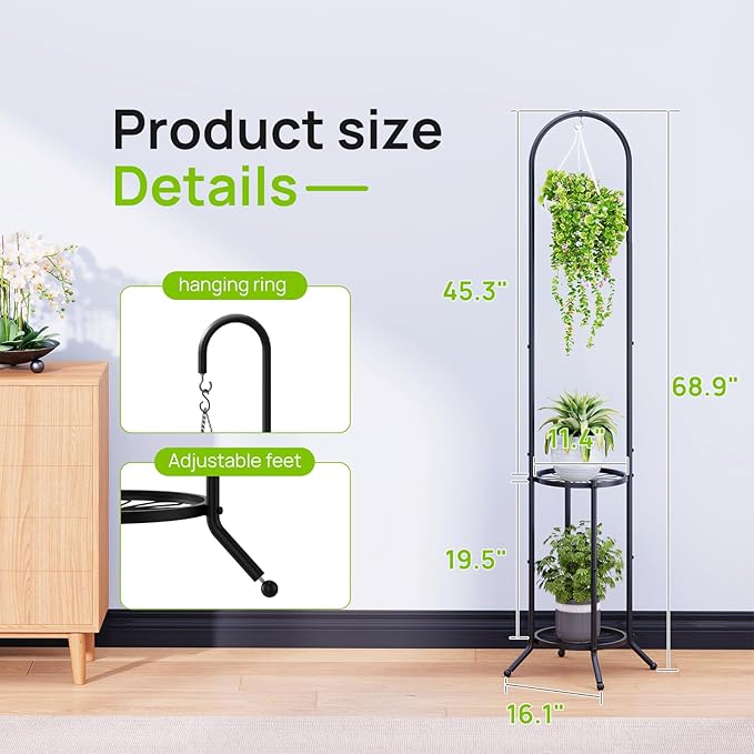 2-tier Hanging Plant Stand Plant Hanger Indoor Outdoor Corner Plant Stands for Indoor Plants, Space-Saving Iron Planter Shelves, Multiple Flower Pot Display Holder Shelf with Hanging Hook, Indoor Outdoor Heavy Duty Planter Shelving Unit (n-style,Black)