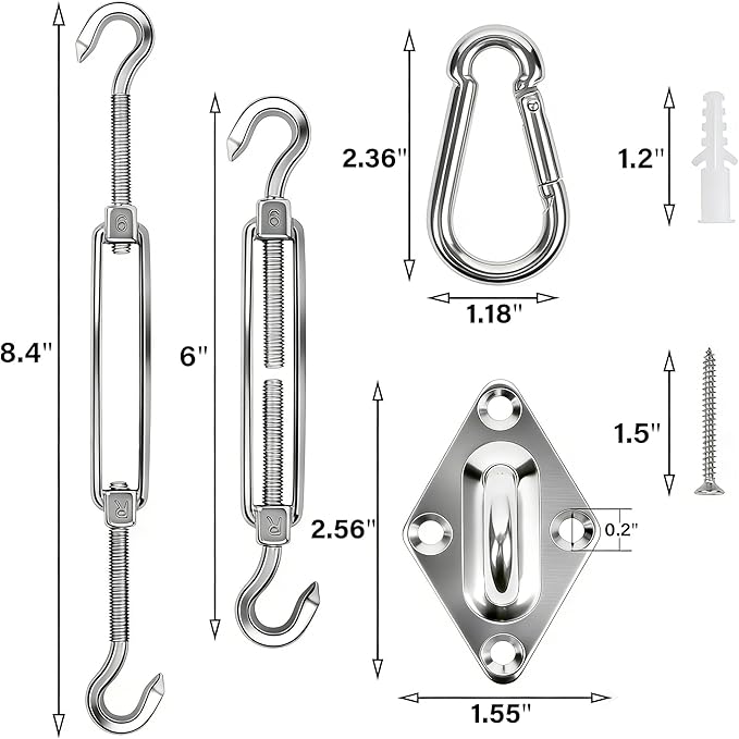 yofit 44 Pcs Shade Sail Hardware Kit, 6 Inch Outdoor Sun Sail Accessories, 304 Stainless Steel Turnbuckles & Brackets for Triangle/Rectangle Sails, Patio Canopy Installation Hardware Set Waterproof