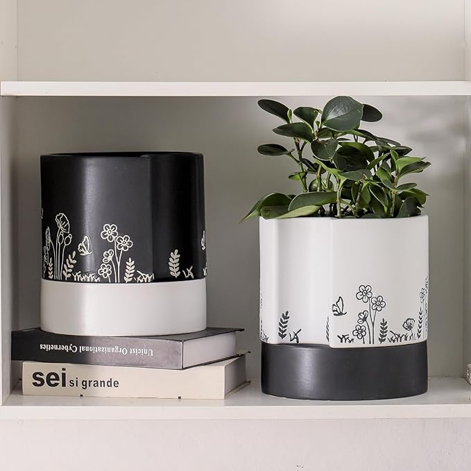 Nihow Self Watering Plant Pot: 8 Inch Ceramic Planter with Drainage Hole & Water Storage Plus for Indoor & Outdoor Plants - Cylinder Round Flower Pot for Succulent/Herbs/Violets - White
