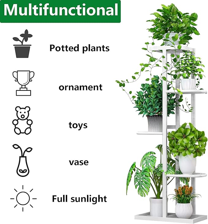LINZINAR Plant Stand Metal 5 Tier 6 Potted Multiple Flower Pot Holder Shelf Indoor Outdoor Planter Display Shelving Unit for Patio Garden Corner Balcony Living Room (5 Tier 6 Potted, White)