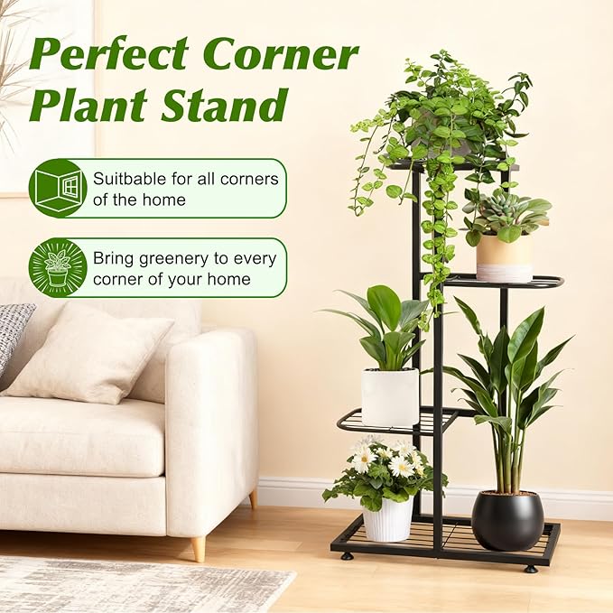 Plant Stand Indoor Outdoor, Corner Metal Plant Stands, Heavy Duty Tall Planter Shelf for Multiple Plants, Flower Pot Holder for Patio Garden Balcony Living Room (Black, 4 Tier-5 Potted)
