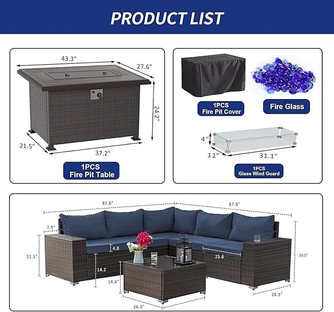 Kullavik 7 Pieces Outdoor Patio Furniture Set with 43" 55000BTU Gas Propane Fire Pit Table PE Wicker Rattan Sectional Sofa Patio Conversation Sets,Navy Blue