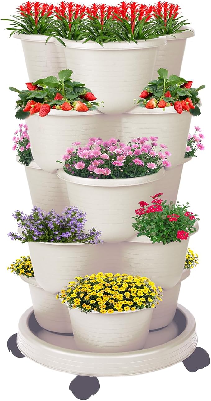 5-Tier Vertical Garden Tower Stackable Planter for Strawberries, Flowers, Vegetables & Herbs Beige