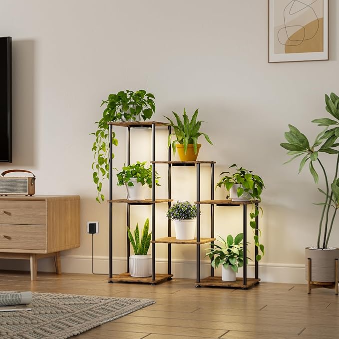 Bstrip Plant Stand Indoor with Grow Light, 33" High Indoor Plant Shelf, 7 Tier Flower Stand with Plant Light Full Spectrum, Metal Plant Holder with Light, laddered Plant Rack for Home, Corner