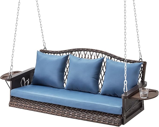 Upgraded Wicker Hanging Porch Swing Heavy Duty 900 LBS 3-Seat Outdoor Patio Swing Chair Bench for Adult w/ 8.9ft Hanging Chains Cushions and Cup Holder