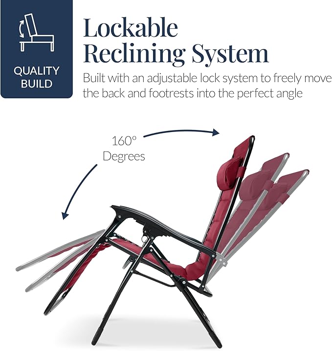 Best Choice Products Oversized Padded Zero Gravity Chair, Folding Outdoor Patio Recliner, XL Anti Gravity Lounger for Backyard w/Headrest, Cup Holder, Side Tray, Polyester Mesh - Burgundy