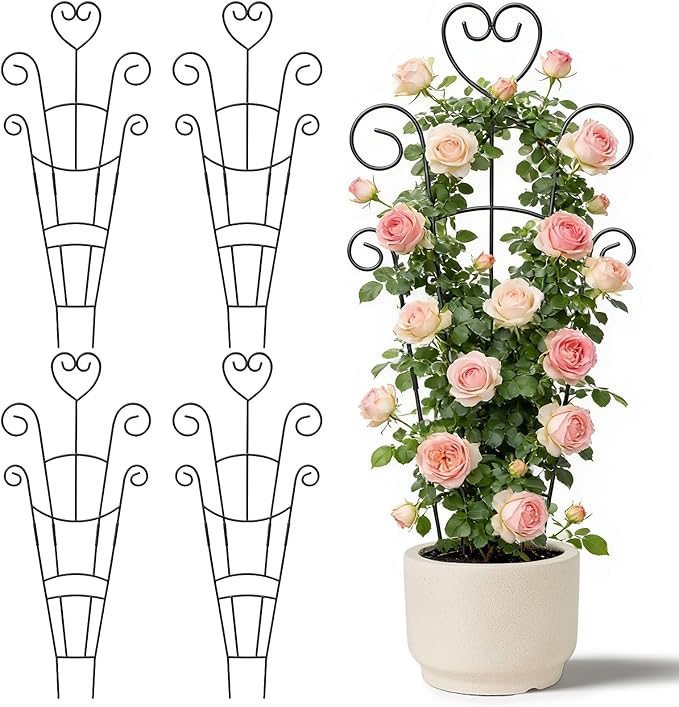 30 Inch Plant Trellis for Climbing Plants Indoor, Outdoor Metal Garden Trellis for Potted Plants, Houseplant Plant Support for Ivy Pothos Monstera Hoya Flower Vine Black Heart (Black-4pcs)