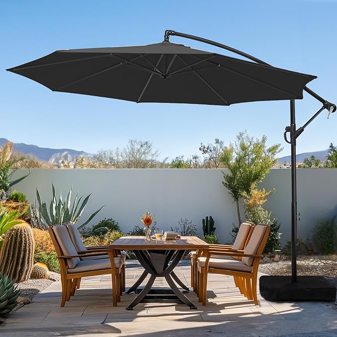 wikiwiki 10ft Patio Umbrella with Base Included, Outdoor Offset Cantilever Umbrella with Sandbag Base for Backyard, Garden and Pool, Easy to Tilt and Crank, Black