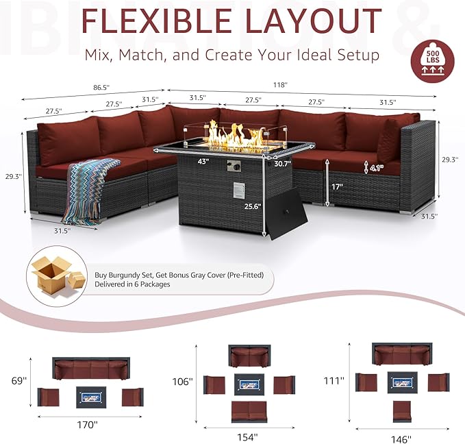 NICESOUL 7 Piece Outdoor Patio Furniture with Firepit Table Natural Gas & Propane Convertible, 29.3'' High Back L Shaped Couch Sectional, Extra Large Rattan Patio Modular Set for Backyard, Burgundy