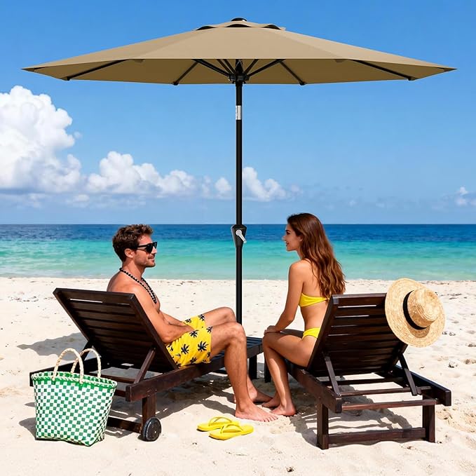 Garvee 9FT Patio Umbrella - Outdoor Table Umbrella with Smooth Crank Lift, Push Button Tilt and 8 Sturdy Ribs - Market Umbrella UV Protection Waterproof for Pool, Deck, Yard, Garden (Tan)
