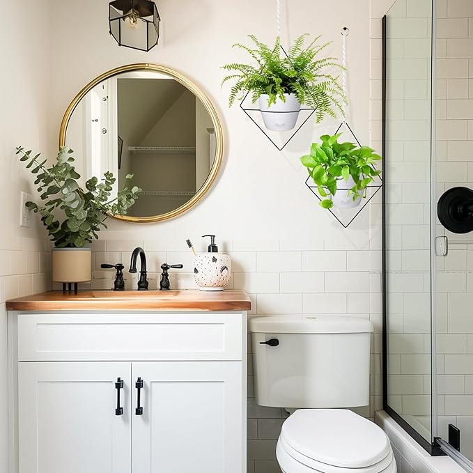 Hanging Planters for Indoor Plants, 2 Set Self Watering Hanging Flower Pots, Modern Hanging Plant Baskets with Metal Plant Holder & 6.5 Inch Plastic Pots for Garden Home Decor (White)