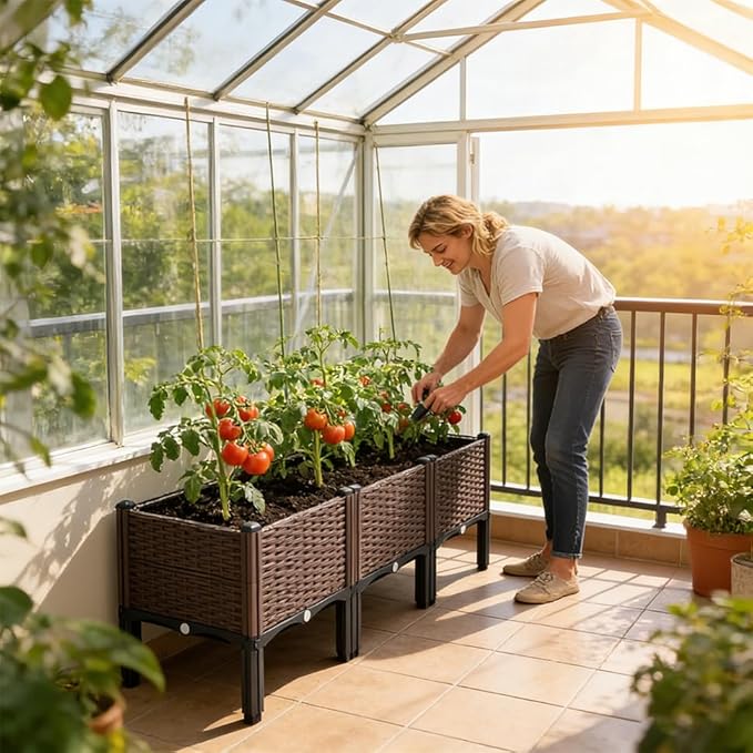 CloudDream 3Piece Brown Raised Garden Box Set, Ideal for Growing Vegetables, Herbs, Flowers & Succulents. with Built-in Drain outlets and,it Works Well Indoors and Outdoors, Suitable (Brown)