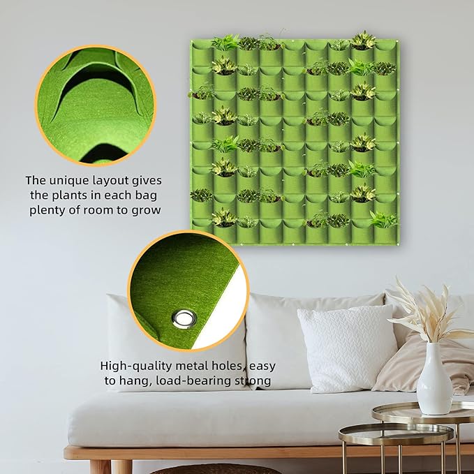 LITLANDSTAR Hanging Vertical Wall Planter, 72 Pockets, Green, 100cm x 100cm, Indoor/Outdoor, Wall Mounted, Felt, Traditional, Rectangular, Drainage Hole