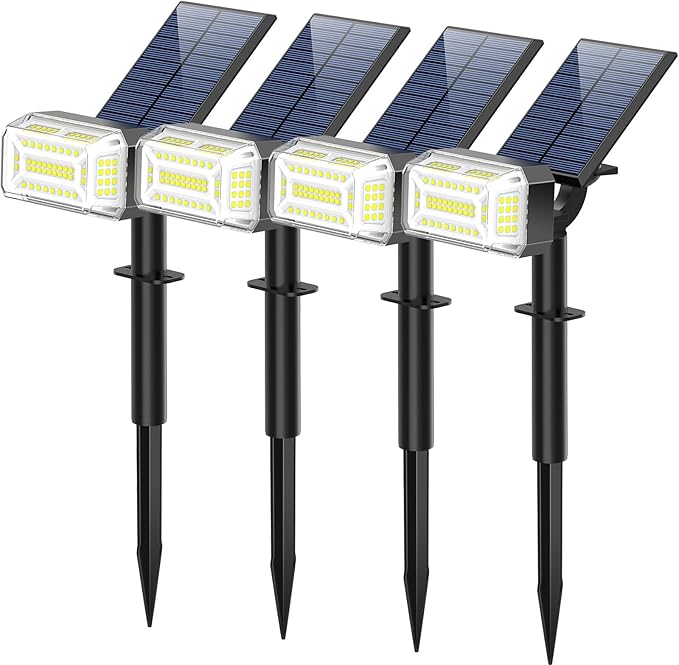 Solar Spot Lights Outdoor, 102 LED Solar Garden Yard Spotlight Waterproof Landscape Flood Powered Lights with Adjustable Light & Panel, 4 Lighting Modes for Walkway Driveway, 4 Pack(Cool White)