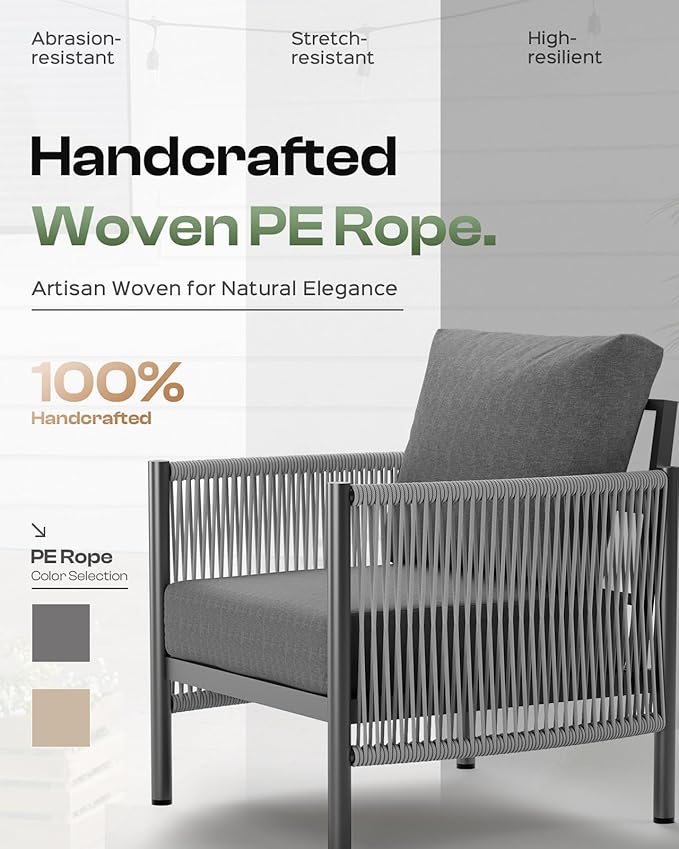Aluminum Outdoor Patio Couch Loveseat, HDPE Rope Patio Sofa with Washable Thick Cushion, All-Weather Patio Furniture for Balcony, Yard, Gray Frame, Charcoal