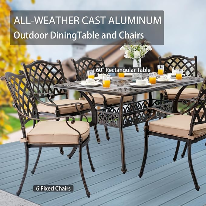 7-Piece Cast Aluminum Patio Furniture, Patio Dining Set for 6 Include 59" Rectangular Outdoor Dining Table and 6 Stackable Chairs with Cushions & Umbrella Hole (Bronze)