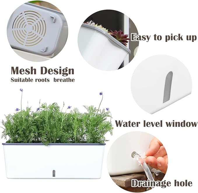 2 Pack Rectangular Planter 17 x 4.5 in Self Watering Planter Window Sill Planters Indoor Rectangle Planter Self Watering Pots Plastic Plant pots with Drainage Holes White Flower Pot Indoor