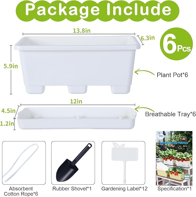 Window Box Planter 6 Packs, 13.8 Inches Rectangle Flower Pots with Drainage Holes & Trays, Pots for Vegetables, Herbs, Flowers, Garden Windowsill Balcony (White)