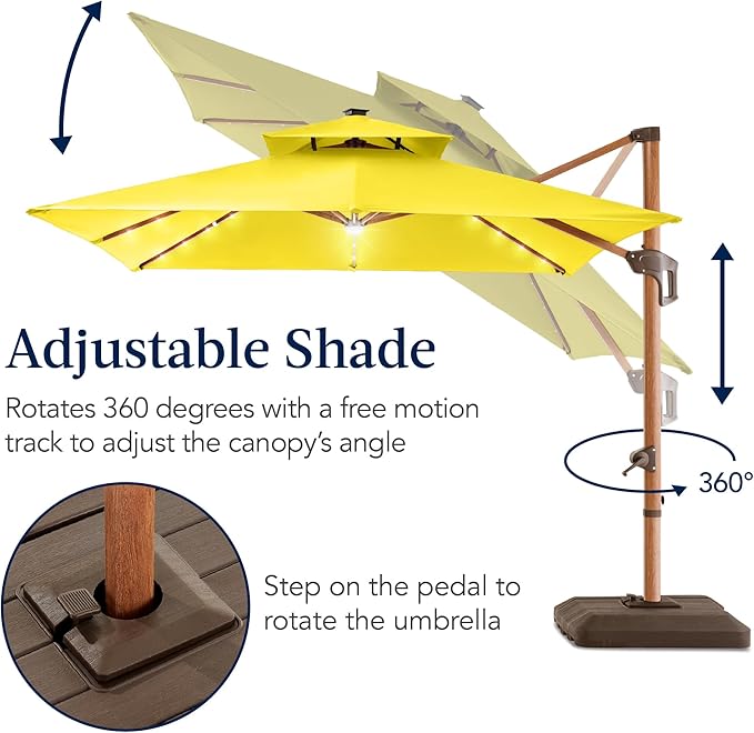 Best Choice Products 10ft Square Cantilever Patio Umbrella w/Base Included, Woodgrain Pattern Pole & Solar LED Lights, 360-Rotation, Offset Hanging Outdoor Shade - Yellow