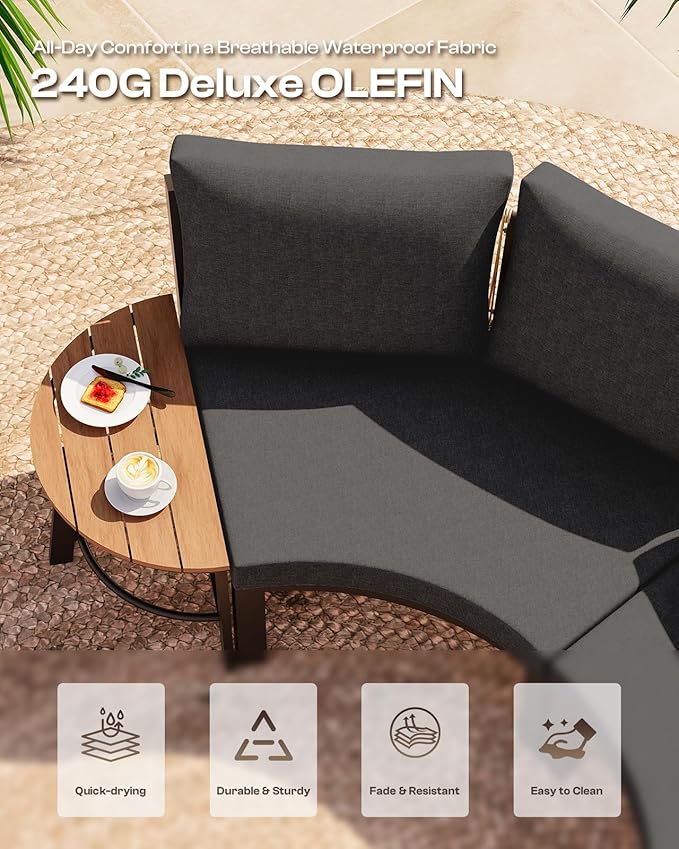 Outdoor Aluminum Patio Furniture Set, 7 Piece Curved Outdoor Sectional Sofas with Coffee Table, PE Rope Patio Conversation Sets, All-Weather Patio Couch Sets with Cushions, Graphite