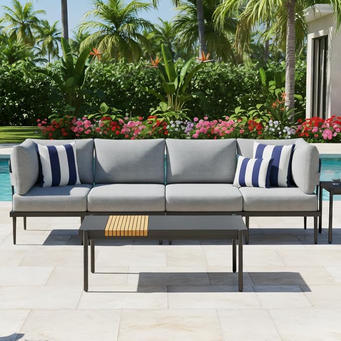 Sundale 5 Pieces Outdoor Patio Furniture Set, Metal Sectional Sofa Patio Conversation Set with Coffee Table, Modern Patio Corner Couch for Balcony, Porch, Sunroom