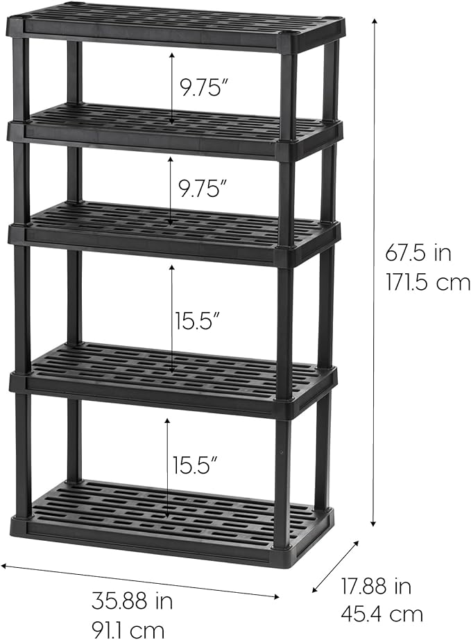 IRIS USA 5-Shelf Heavy Duty Plastic Storage Shelves, 750lb Capacity, 68" H x 36" W x 18" D, Large Modular Shelving Unit Storage Organizer for Garage, Home, Warehouse & Gym, Storage Rack - Black