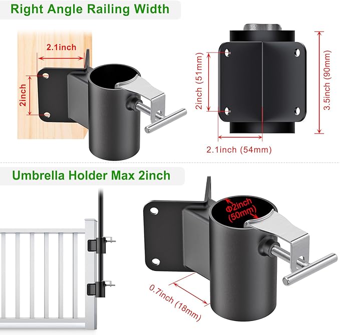 Heavy Duty Deck Railing Umbrella Holder, Patio Umbrella Stand for 1-2 Inch Poles, Space-Saving Design, Secure & Sturdy Post Corner Mount for Deck Railing, Balcony, Outdoor Courtyard, Fences