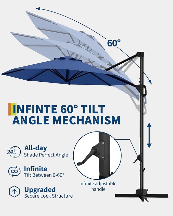 GarveeLife 10FT Patio Umbrella Outdoor Large Cantilever Umbrella Market Sun Shade Windproof Offset Umbrella with 360-Degree Rotation for Garden Deck Pool Patio, Navy Blue