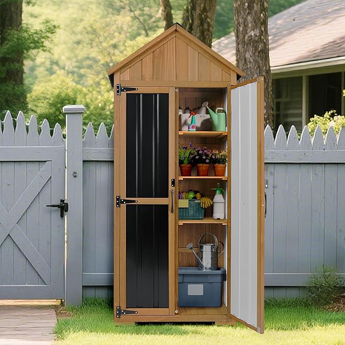 PetsCosset Outdoor Storage Cabinet Waterproof, Outdoor Storage Shed with Shelves, Wood & Metal Patio Backyard Garden Storage Cabinet Tool Organizer for Outside