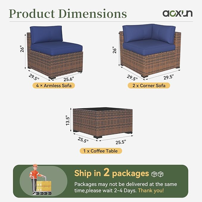 Aoxun 7 Piece Patio Furniture Set Wicker Rattan Patio Conversation Set Outdoor Sectional Sofa Set with Coffee Table and Thickened Cushions, Blue(Waterproof Cover Included)