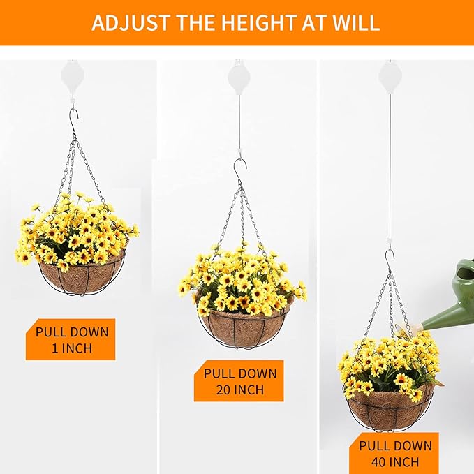 4PCS Plant Pulley Retractable Pulley Plant Hanger Hanging Flower Basket Hook Hanger for Garden Baskets Pots and Birds Feeder in Different Height Lower and Raise