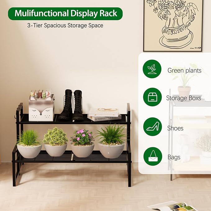 Garden 4 you 2 Tier Metal Plant Stand Outdoor Indoor Waterproof, Stackable Heavy Duty Tall Plant Shelf Flower Pot Holder for Garden, Display Rack, Black