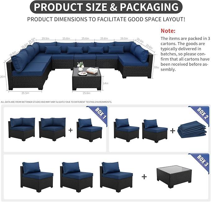 9 Pieces Outdoor Sectional All-Weather Wicker Patio Furniture Set Patio Sectional and Glass Patio Table Non-Slip Cushions and Waterproof Covers, Navy Blue