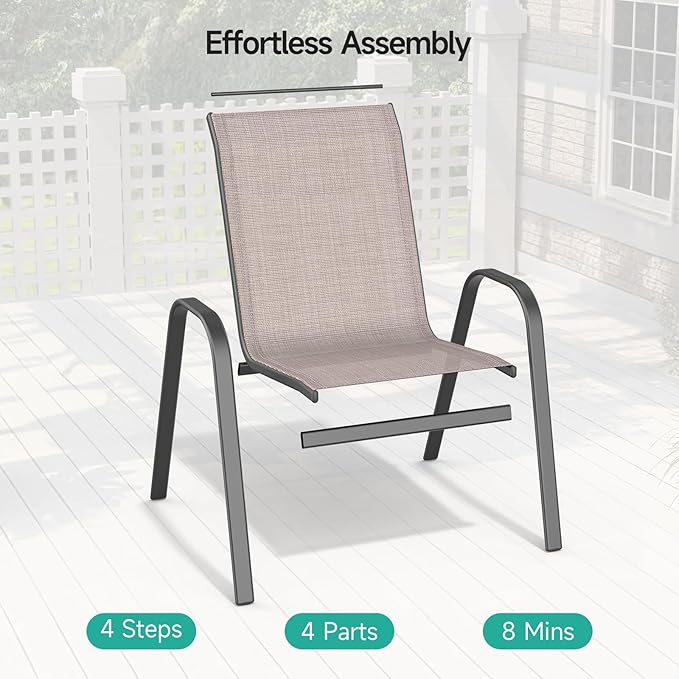Patio Chairs Set of 6, Easily Set Up Stackable Outdoor Dining Chairs with High Back and Wide Seat, All Weather Breathable Outdoor Chairs Set of 6 with Metal Frame for Backyard Deck Pool, Brown