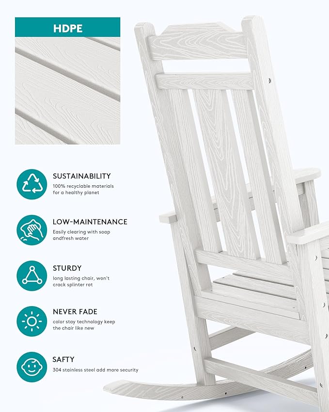 SERWALL Outdoor Rocking Chair White Set of 8, All Weather Patio Rocking Chair, HDPE Poly Rocking Chair for Adults, Heavy Duty Front Porch Rocker