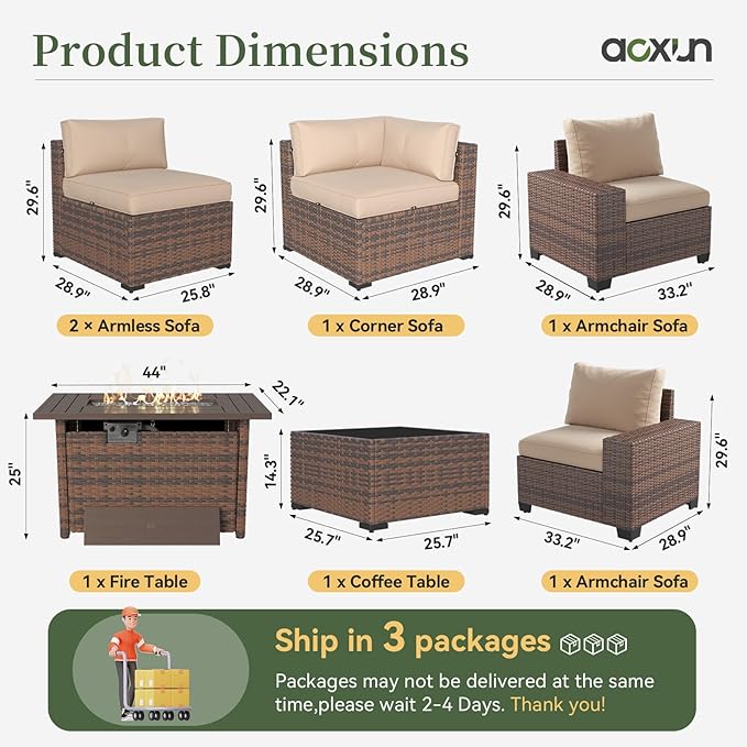 Aoxun 7 Piece Patio Furniture Set with Wide Armrests & 44” Fire Pit Table Wicker Rattan Outdoor Sectional Sofa Set with Coffee Table and Thickened Cushions, Brown/Beige(Waterproof Cover Included)