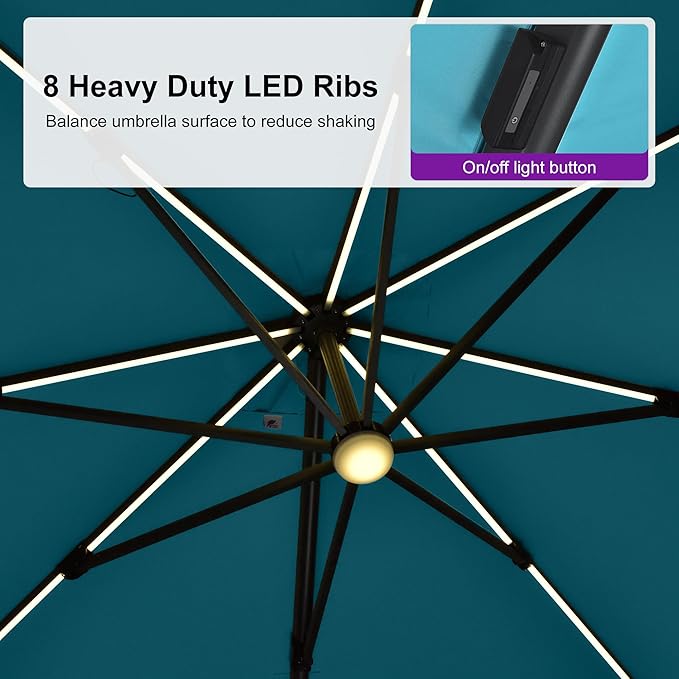 PURPLE LEAF 10 Feet Patio Umbrella with Base Outdoor Solar Powered LED Swivel Square Umbrella Offset Umbrella with 360-degree Rotation for Garden Deck Pool Patio, Turquoise Blue