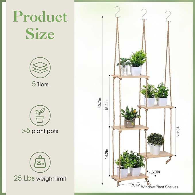 Novabright Window Hanging Plant Shelf with Wooden Shelves Macrame Rope Hanging Plant Stand with 3 S Hooks for Indoor Outdoor Bedroom Window Sill Balcony Boho Decor (Natural Wood Color,1 Pcs)